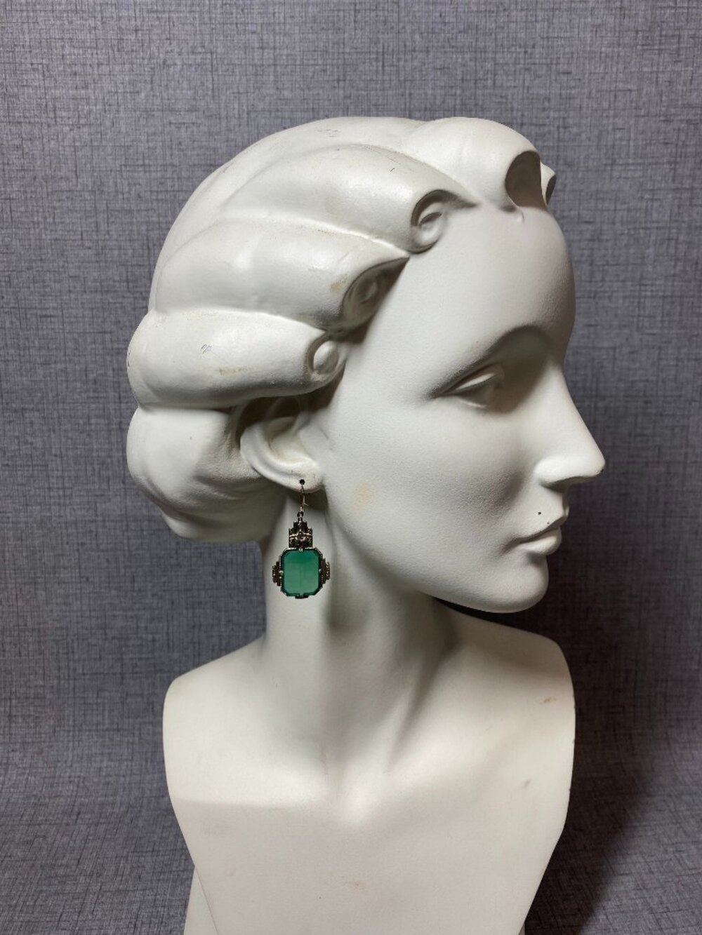 Art Deco 1930s Chrysoprase Marcasite Sterling Silver Earrings Antique - Picture 13 of 15